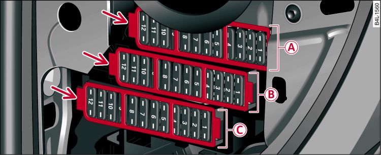 Left side of dash panel: Fuse carrier with plastic frames