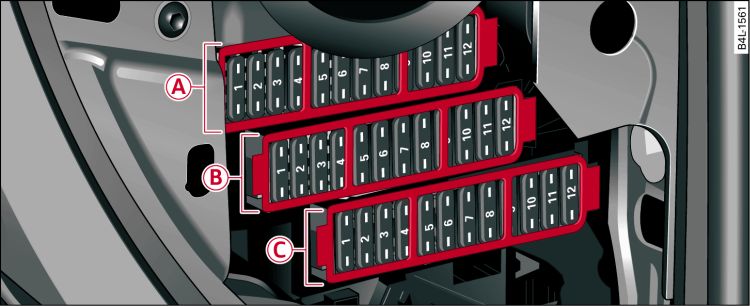 Right side of dash panel: Fuse carrier with plastic frames