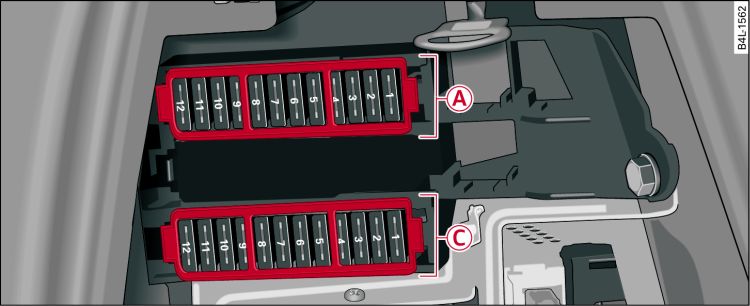 Luggage compartment, right side: Fuse carrier with plastic frames