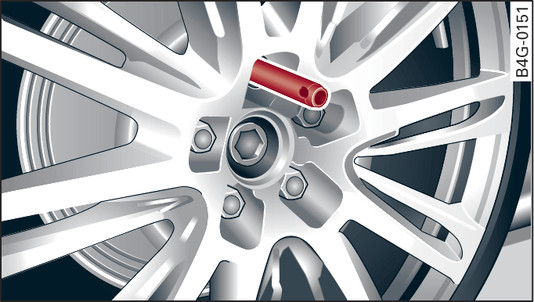 Fig. 332 Wheel: Mounting pin in wheel bolt hole nearest to the top