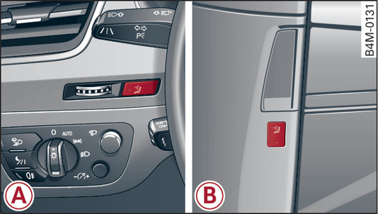 Fig. 103-A- Cockpit: tasto dello ionizzatore, -B- montante centrale: tasto dello ionizzatore