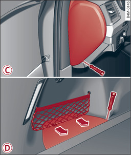 Fig. 341-C- Cockpit, lato conducente (guida a sinistra/a destra): copertura, -D- Bagagliaio a sinistra: copertura