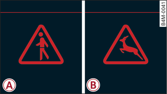 Afbeelding 157Instrumentenpaneel: -A- Voetgangerswaarschuwing/-B- wildwaarschuwing, als het beeld van de nachtzichtassistent niet op het display in het instrumentenpaneel is geselecteerd