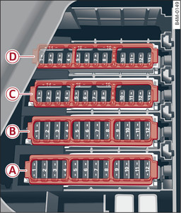 Fig. 345Lado esquerdo da bagageira: porta-fusíveis com patilha de plástico