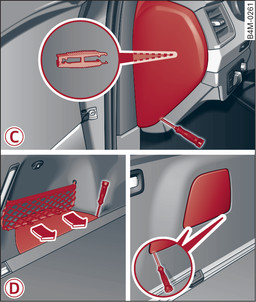 Abb. 351 -C- Cockpit Fahrerseite (Linkslenker/Rechtslenker): Abdeckung, -D- Gepäckraum links: Abdeckung (Ausschnitt rechts nur bei Plug-in-Hybrid-Antrieb*)