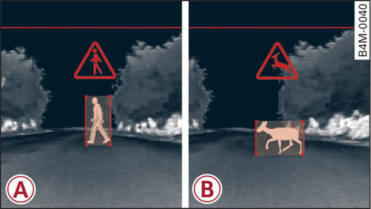 Fig. 164 Instrument cluster: -A- pedestrian warning, -B- wild animal warning