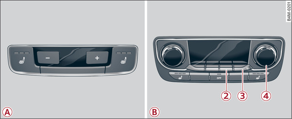 Fig. 87 -A- 3-zone / -B- 4-zone deluxe automatic air conditioner: Controls in rear cabin