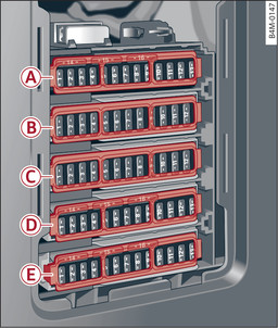 Fig. 353Espacio reposapiés del acompañante (vehículos con volante a la derecha): Portafusibles con estribo de plástico