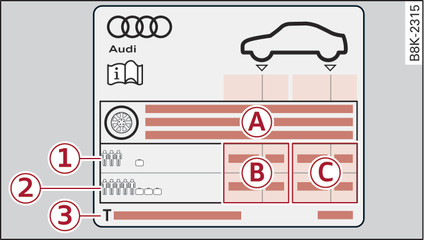 Fig. 168 End face of driver s door: Sticker listing the tyre pressures