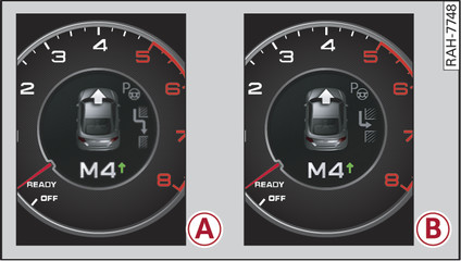 Abb. 111 Kombiinstrument: Parklücke suchen. -A- Längs einparken, -B- Quer einparken