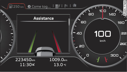 Fig. 97 Combiné d instruments : système active lane assist activé et mise en garde