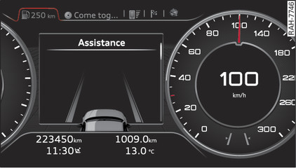 Fig. 98 Combiné d instruments : système active lane assist activé, mais mise en garde non opérationnelle