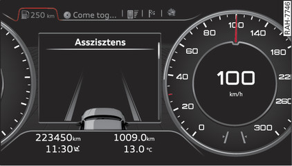 98. ábraMűszerfalbetét: az active lane assist bekapcsolva, azonban nem kész a figyelmeztetésre