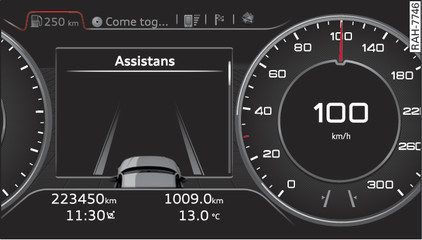 Bild 98 Kombiinstrument: active lane assist påslaget men inte klart att varna